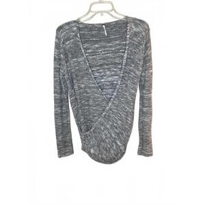 Free People Women's Cotton Linen Blend Gray Marled Wrap Knit Top V Neck Medium